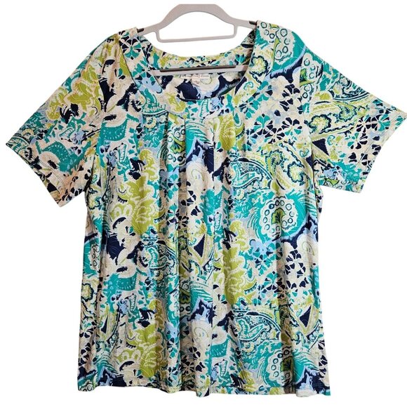 Chicos Womens Paisley Scoop Neck Short Sleeve Top Size 2 M/L Cotton Blend - Picture 1 of 15